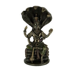 Bronze Finish Vishnu Sitting On Shesha Holding Weapons and Lotus Statue
